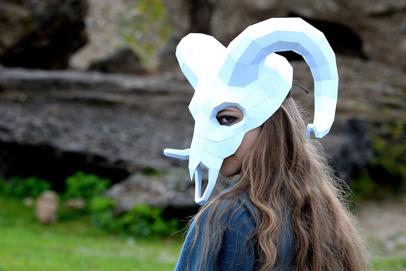 Ram Skull papercraft Mask, Download and make your own party mask, Instant Pdf template download, DIY Halloween mask image 2