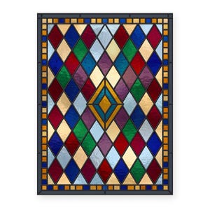 Harlequin Diamond Stained Glass Window Cling, Jewel Tone Geometric Suncatcher Panel, Static Window Decal