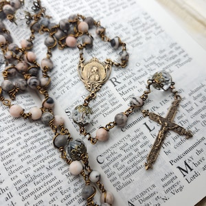 Antique St. Joan of Arc Pink Jasper Bronze Wire Wrap Handmade Rosary