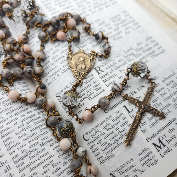 Antique St. Joan of Arc Pink Jasper Bronze Wire Wrap Handmade Rosary