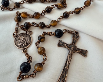 St. Joseph Rosary, Tiger Eye Rosary Bronze Crucifix, Catholic Gift