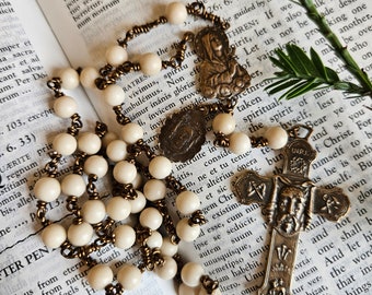 Holy Face Chaplet, Cream Fossil Jasper Beads, Bronze Crucifix