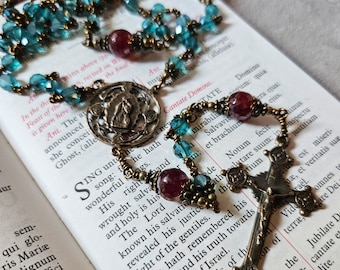 Our Lady of Guadalupe Rosary, Blue-Green Beads, Antique Bronze Crucifix