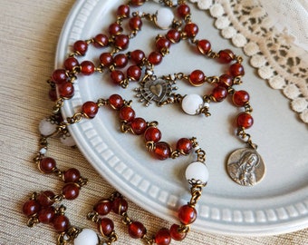 Antique Seven Sorrows Red Turquoise Purple Bronze Wire Wrap Handmade Rosary