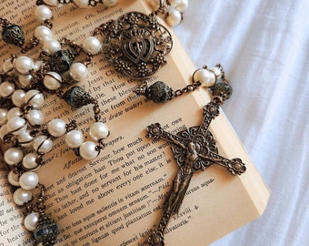 Pearl Rosary with Blue Czech Glass, Bronze Crucifix