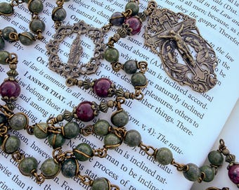 Handmade St Anne Rosary, Green Pyrite and Red Jade Catholic Rosary