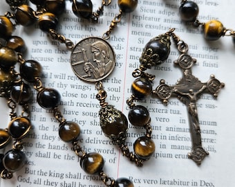 Handmade Tiger Eye Rosary, Bronze Crucifix, Catholic Gift for Men