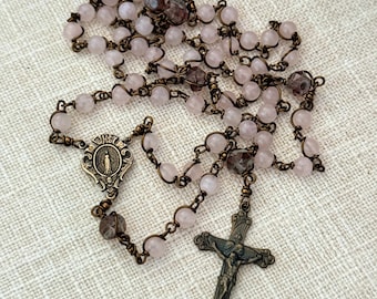 Rose Quartz Rosary – Pink Gemstone Catholic Rosary with Antique Bronze Crucifix