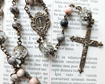Handmade Catholic Rosary Beads, Jasper and Crystal, Bronze Crucifix