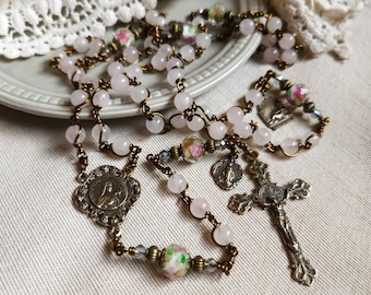 Antique Rose Quartz St. Therese Bronze Wire Wrap Heirloom Unbreakable Gemstone Rosary