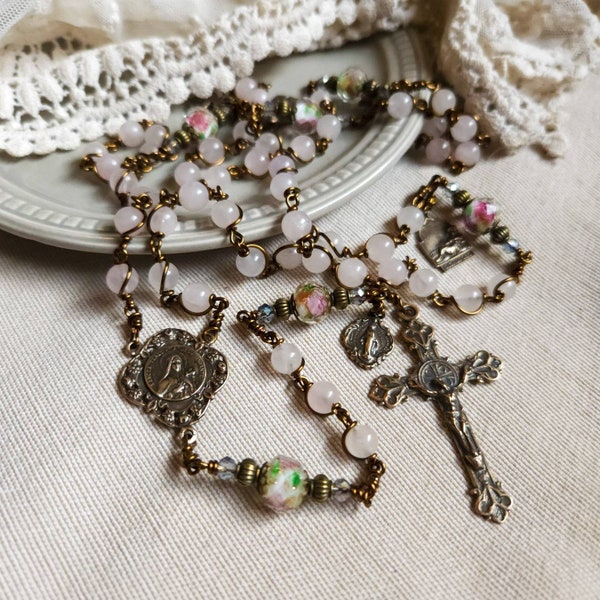 Antique Rose Quartz St. Therese Bronze Wire Wrap Heirloom Unbreakable Gemstone Rosary