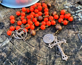 Hunting Rosary, Blaze Orange Beads, St. Hubert Medal, Gift for Men