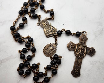 Coroncina del Santo Volto, Perle di Vetro Nero, Crocifisso in Bronzo, Regalo Cattolico