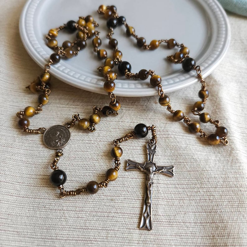 St. Joseph Rosary, Tiger Eye Rosary Bronze Crucifix, Catholic Gift image 4