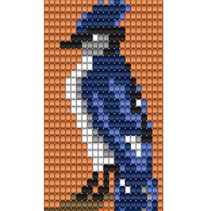 Könnte beinhalten: Pixelbild eines Blue Jay Vogels. Der Vogel ist im Mosaikstil dargestellt, mit blauem Körper, weißer Brust und schwarzem Schnabel. Der Hintergrund ist ein Raster aus orangefarbenen und braunen Quadraten.