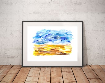 Office abstract painting, Blue & yellow painting, Abstract landscape painting, Abstract daughter, "Blue skies over yellow lands"