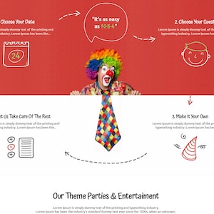 May include: A website graphic with a red background and white text. The graphic shows a clown holding a sign that says "It's as easy as 1-2-3-4". The graphic also includes a calendar, a smiling face, a plus sign, a minus sign, a document, and a party hat. The text on the graphic says "Our Theme Parties & Entertainment".