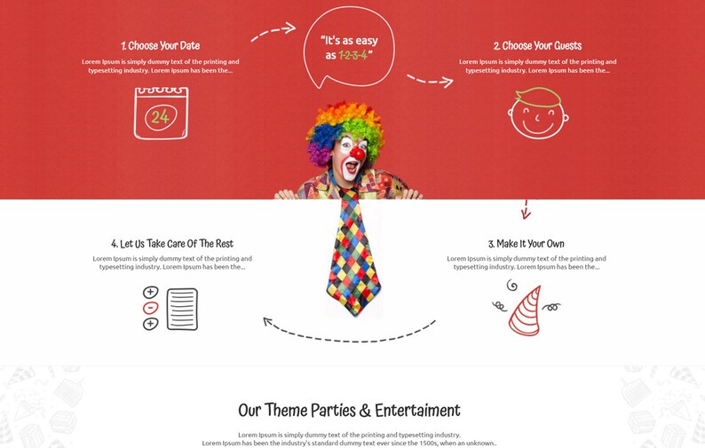 May include: A website graphic with a red background and white text. The graphic shows a clown holding a sign that says "It's as easy as 1-2-3-4". The graphic also includes a calendar, a smiling face, a plus sign, a minus sign, a document, and a party hat. The text on the graphic says "Our Theme Parties & Entertainment".