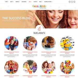 May include: A website for Happy Kiddo, a WordPress theme for children's party planning services. The website features a blog layout with images of children having fun at birthday parties. The blog layout is titled "Blog Layout 6".