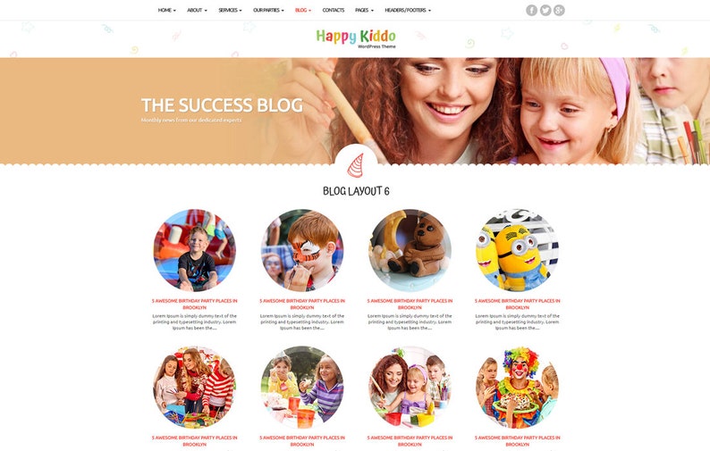 May include: A website for Happy Kiddo, a WordPress theme for children's party planning services. The website features a blog layout with images of children having fun at birthday parties. The blog layout is titled "Blog Layout 6".