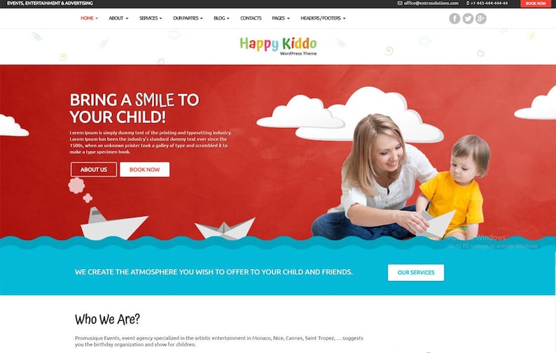 May include: A website homepage for a children's entertainment company called Happy Kiddo. The website features a red background with white clouds and paper boats. The text "Bring a smile to your child!" is displayed in large, bold letters. There are buttons for "About Us" and "Book Now".