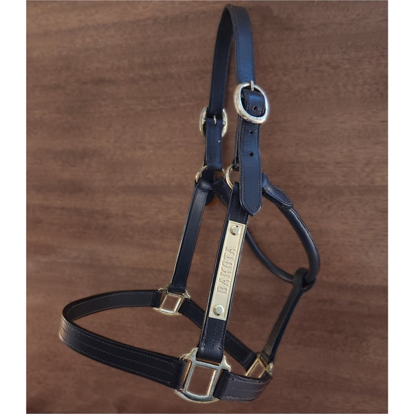 Leather Horse Halter with 4" Relief-Engraved Brass Nameplate