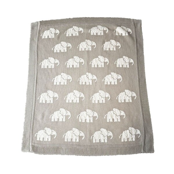 New Made In India Ivory Elephants/Beige Knit Baby Blanket Cotton W/Border Unisex