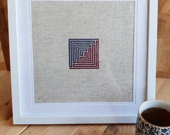 Framed minimalist embroidery art, cross stitch textile art