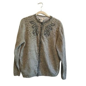 Vintage Vivien Forest Beaded Cardigan XL Lined Lambswool Angora Hong Kong