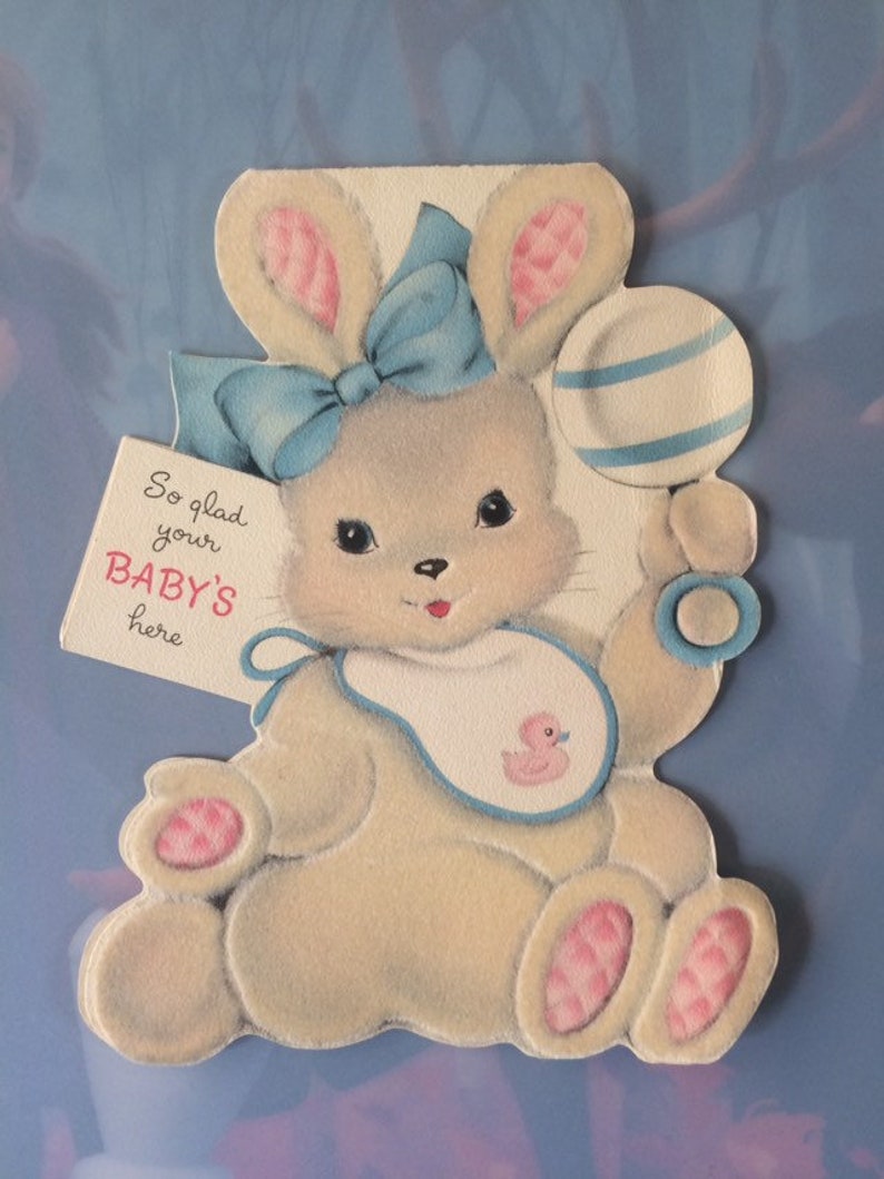 Vintage Baby Card Fuzzy Die Cut Bunny