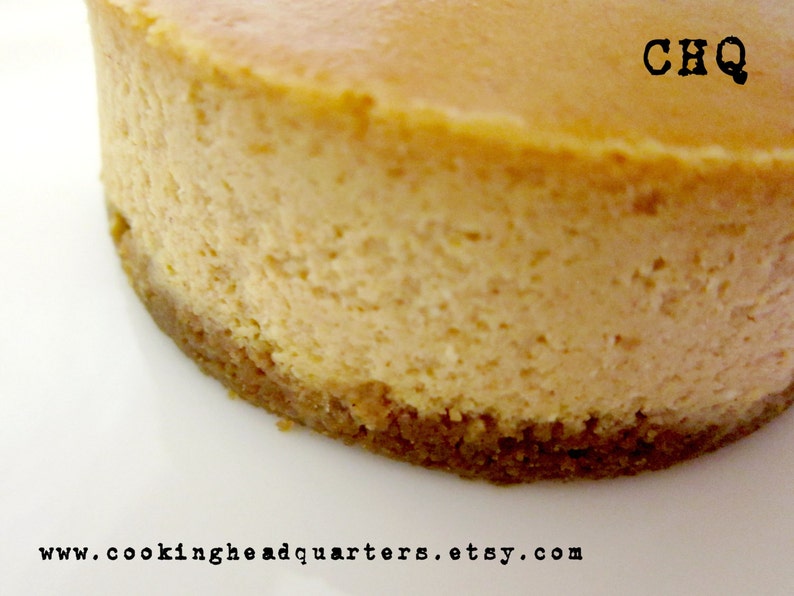 May include: A close-up of a round cheesecake with a golden brown crust. The cheesecake is topped with a smooth, creamy layer of cheesecake filling. The text "CHQ" is visible on the top of the cheesecake.