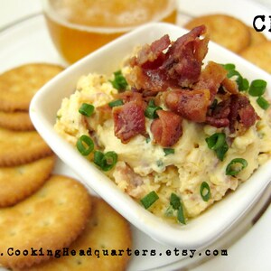 May include: A white bowl filled with a creamy dip topped with crispy bacon and green onions. The dip is served with crackers on a white plate. The text "CHQ" is visible in the upper right corner of the image.