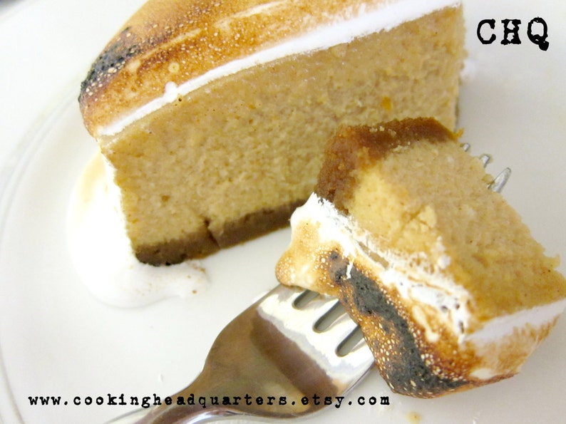 May include: A close-up of a slice of cheesecake with a toasted marshmallow topping. The cheesecake is on a white plate with a fork. The text "CHQ" is visible in the upper right corner of the image.