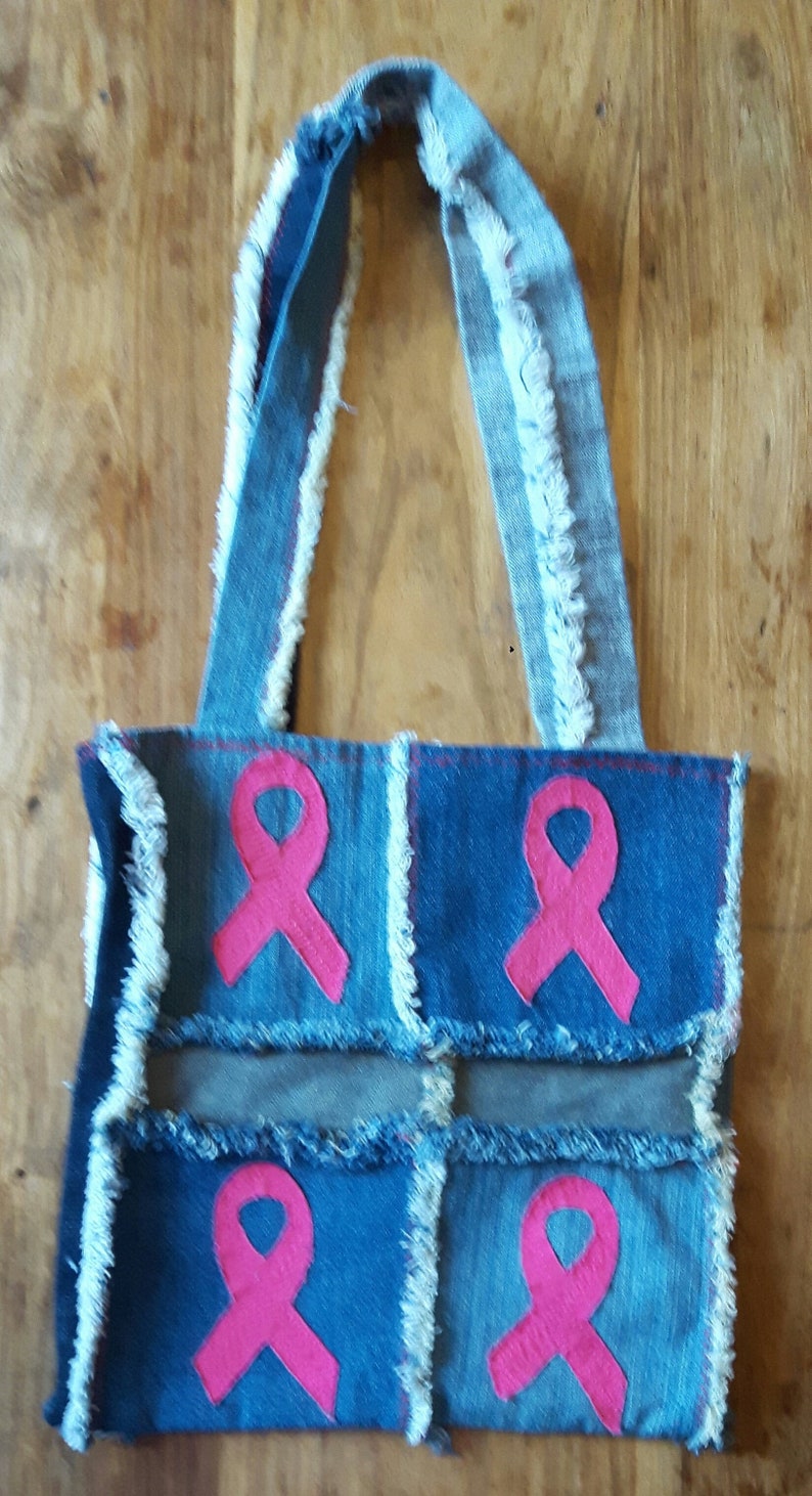 Unique Gift Tote Shopper Beach Bag Pink Ribbon Shoulder Bag Breast Cancer Support Denim Handbag
