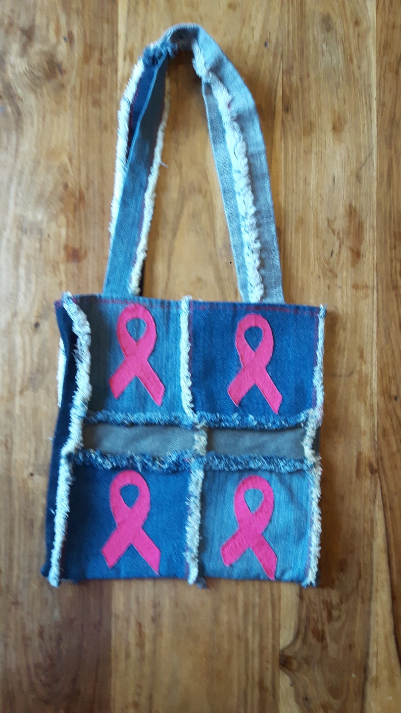 Unique Gift Tote Shopper Beach Bag Pink Ribbon Shoulder Bag Breast Cancer Support Denim Handbag