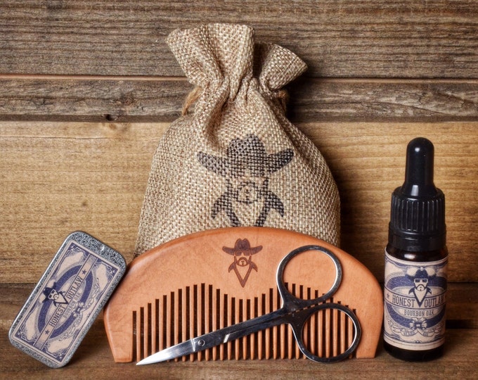 Bourbon Oak Beard Grooming Kit Gift for Men - 30ml Original Premium Beard Oil, Moustache Wax, Scissors & Beard Comb.