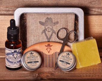 Honest Outlaw Mens Beard Grooming Kit - Gift set in metal box - Beard Oil - soap - Tash Wax - Beard Balm - Beard Comb Scissors - Mens Gift