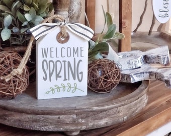 Welcome Spring | Wood Tag | Tiered Tray Sign| Tiered Tray Decor | Easter Decor| Easter Tray Decor