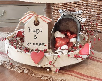 Hugs & Kisses Wood Tag | Tiered Tray Sign| Tiered Tray Decor | Everyday Home Decor| Valentines Decor| Valentine Tray Decor