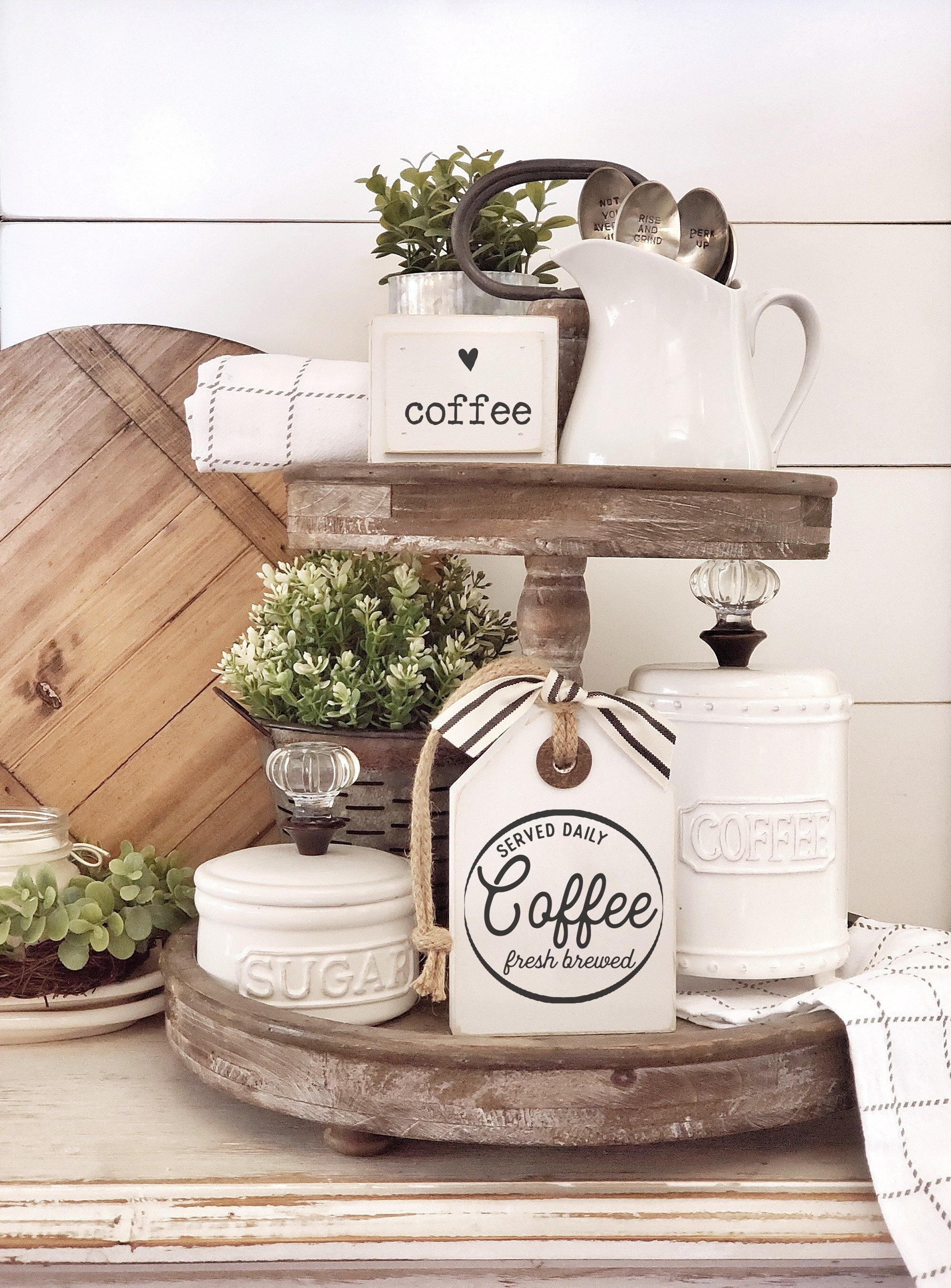 Coffee Served Daily Fresh Brewed Wood Tag Tiered Tray Sign Tiered
