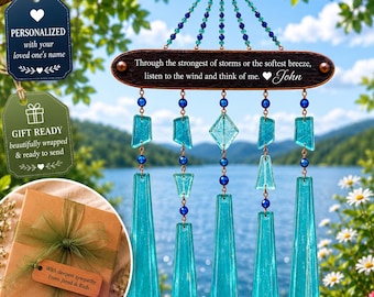 Personalized Aqua Memorial Wind Chime, Blue Glass Sympathy Gift for Loss, Remembrance Gifts, Gift Wrapped Customized Garden Suncatcher