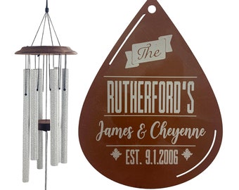 Wedding or Anniversary Gift Wind Chimes Bridal Gift Leaf or Raindrop Wind Chime Silver Mom Large Deep Tone and Personalized Add Names & Date