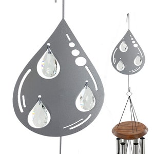 Teardrop Wind Chimes Silver Branch Hook, Bird Feeders, Plants, Memorial Garden - Silver Raindrop with Crystal Prism Memorial Gifts