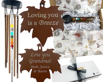 Loving You is a Breeze Copper Leaf Custom Wind Chime Rainbow Stones Wrapped Gift Set for Loved One by Weathered Raindrop