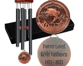 Fisherman Memorial Gift "Fishing In Heaven" Black and Copper Extra Large 28 inch Deep Tone Sympathy Wind Chime for Dad Brother Uncle Outdoor