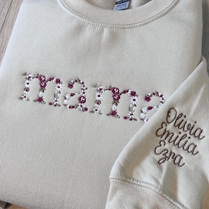 花柄のモチーフ、ママ、ナナ、おばさん、刺繍入りスウェットシャツ、クルーネック、彼女へのギフト