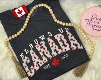 Canadian Elbows Up Applique letters, Crewneck sweatshirt, Canada maple leaf, hockey gloves off