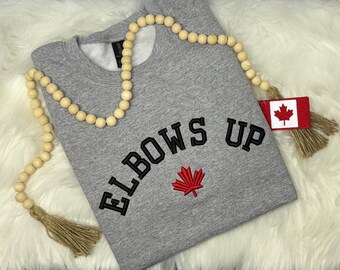 Canadian Elbows Up 3d puff letters, Crewneck sweatshirt, Canada maple leaf, hockey gloves off