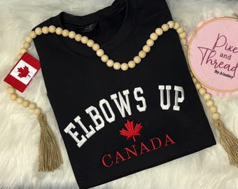 Canadian Elbows Up Crewneck sweatshirt, Canada maple leaf, hockey gloves off