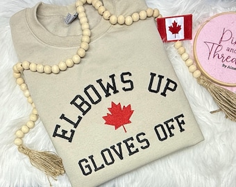 Canadian Elbows Up Crewneck sweatshirt, Canada maple leaf, hockey gloves off